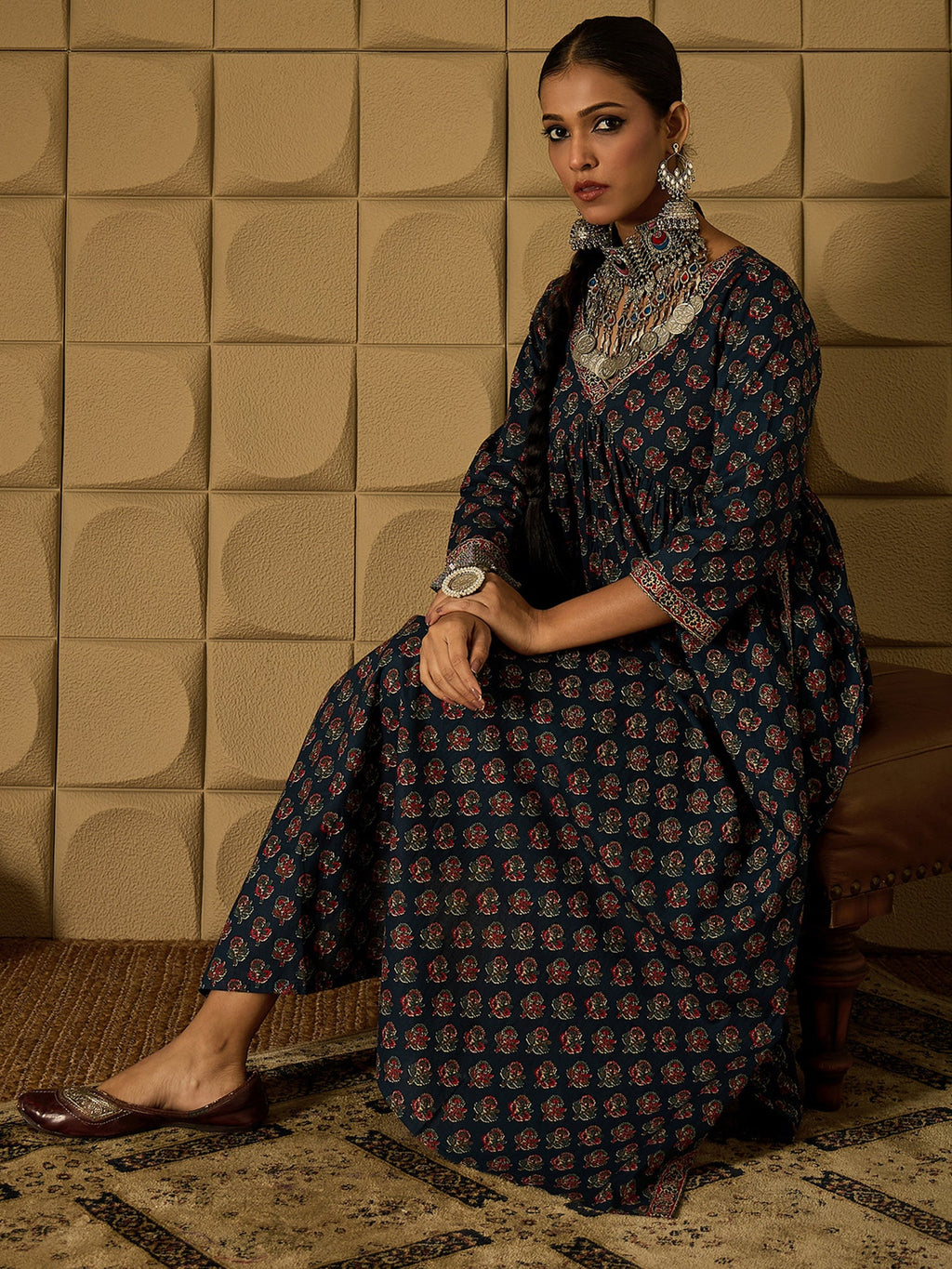 Indo Era Teal Printed A-Line Kurta Trousers set - Distacart