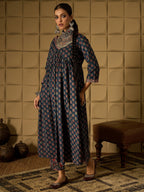 Indo Era Teal Printed A-Line Kurta Trousers set - Distacart