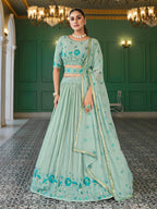 Myra Pista Green Georgette Embroidered Designer Lehenga