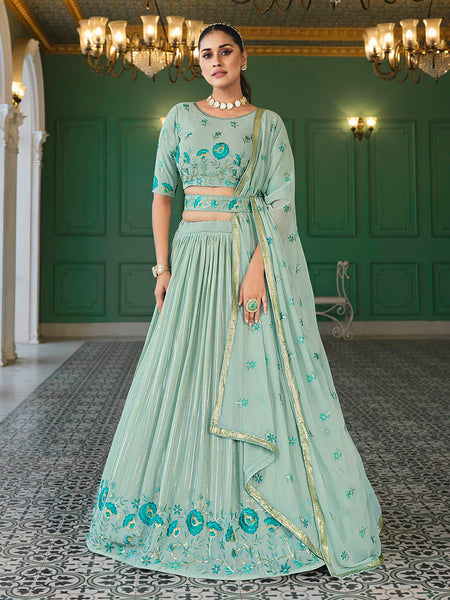 Myra Pista Green Georgette Embroidered Designer Lehenga