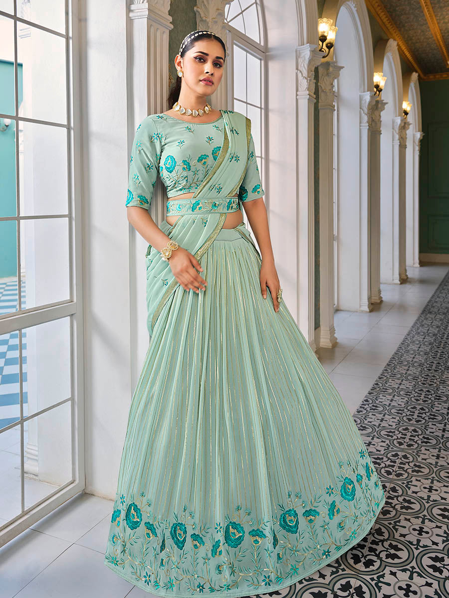Myra Pista Green Georgette Embroidered Designer Lehenga