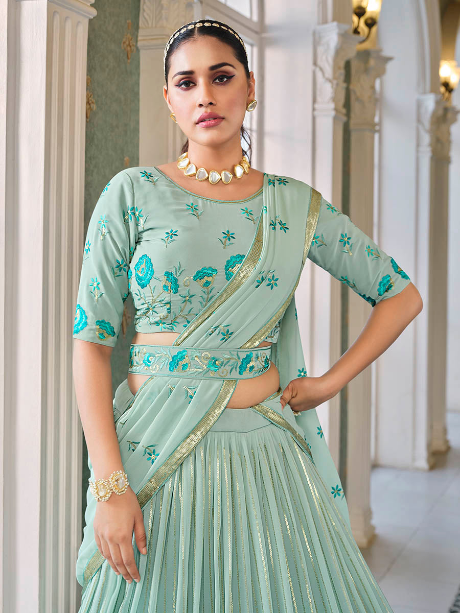 Myra Pista Green Georgette Embroidered Designer Lehenga