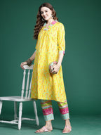 Indo Era Yellow Printed A-Line Kurta Trousers set - Distacart