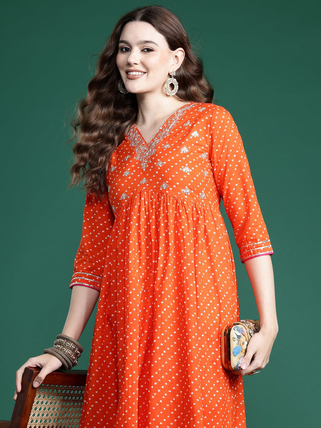 Indo Era Orange Embroidered A-Line Kurta Trousers set - Distacart