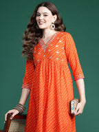 Indo Era Orange Embroidered A-Line Kurta Trousers set - Distacart