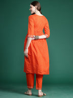 Indo Era Orange Embroidered A-Line Kurta Trousers set - Distacart