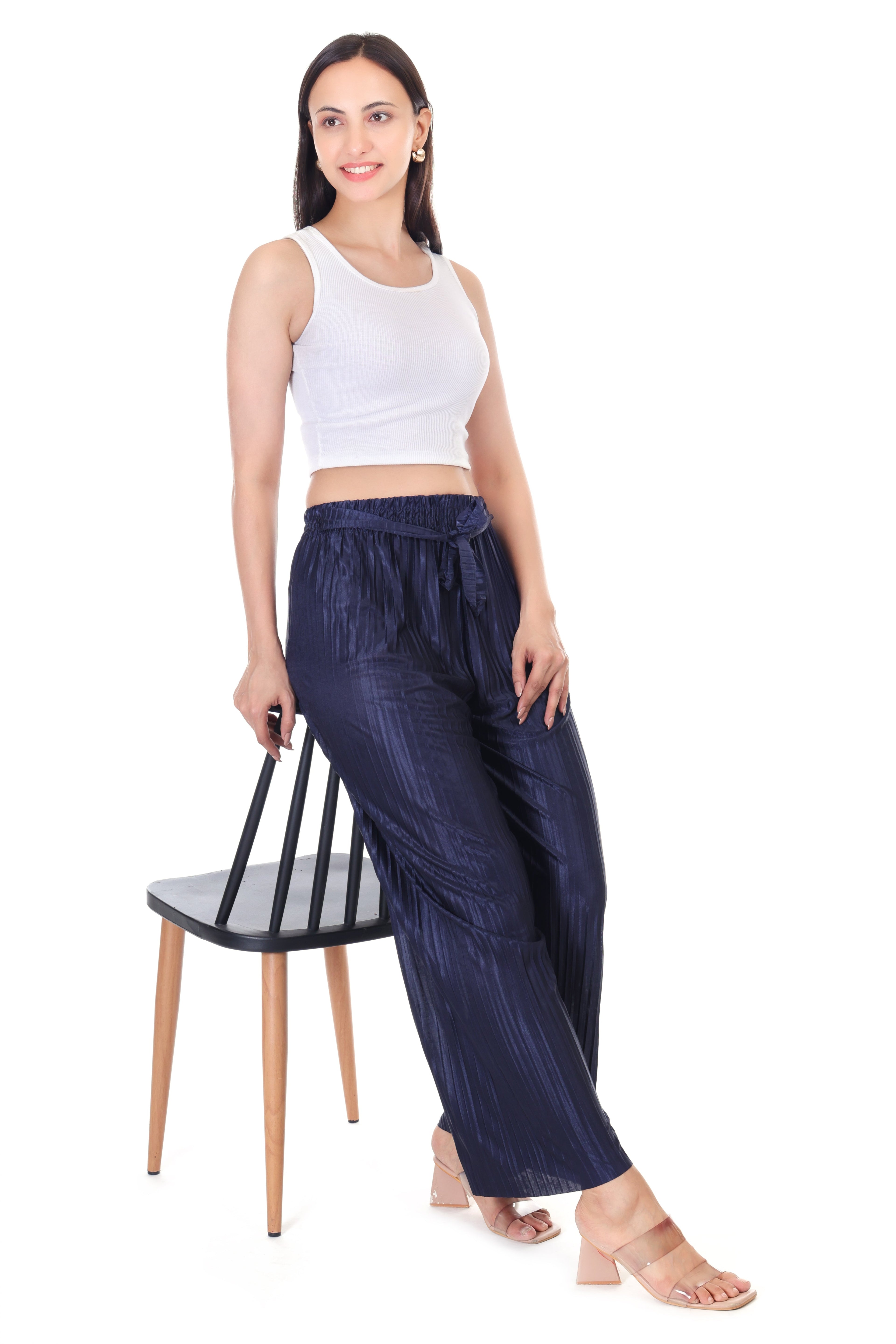 Jaitra Apparels Navy Blue Satin Pleated Free Size Palazzo - Distacart