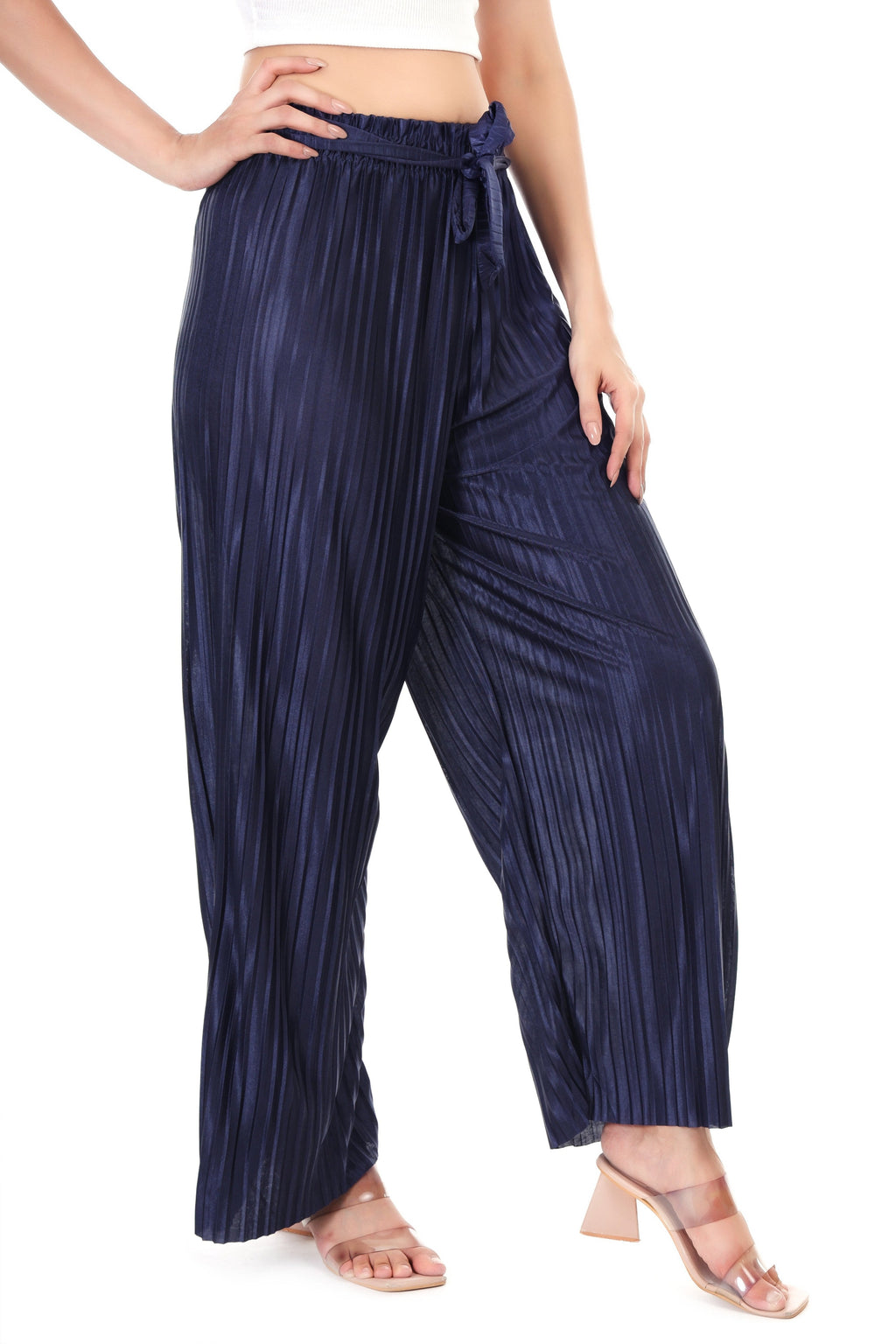 Jaitra Apparels Navy Blue Satin Pleated Free Size Palazzo - Distacart