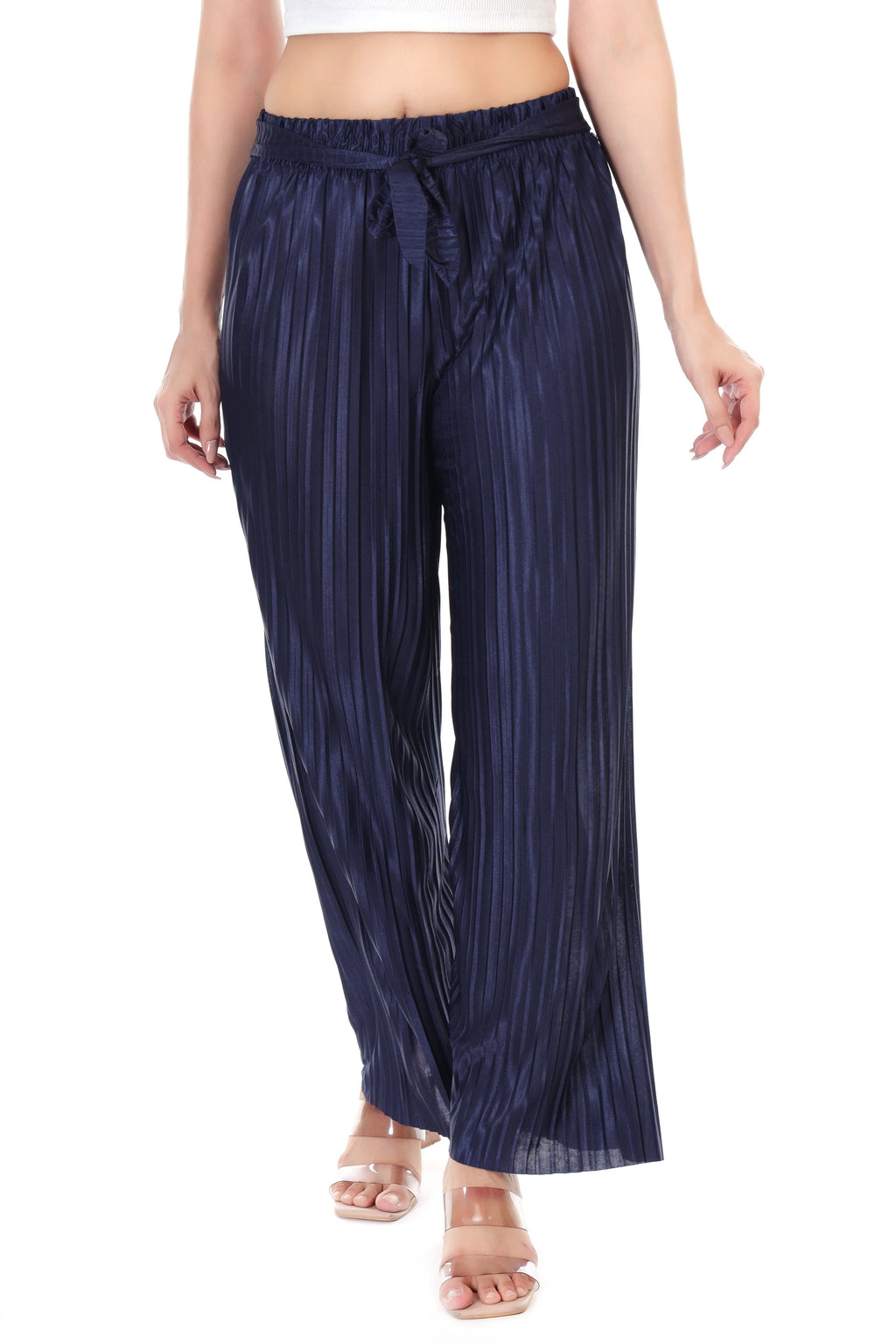 Jaitra Apparels Navy Blue Satin Pleated Free Size Palazzo - Distacart