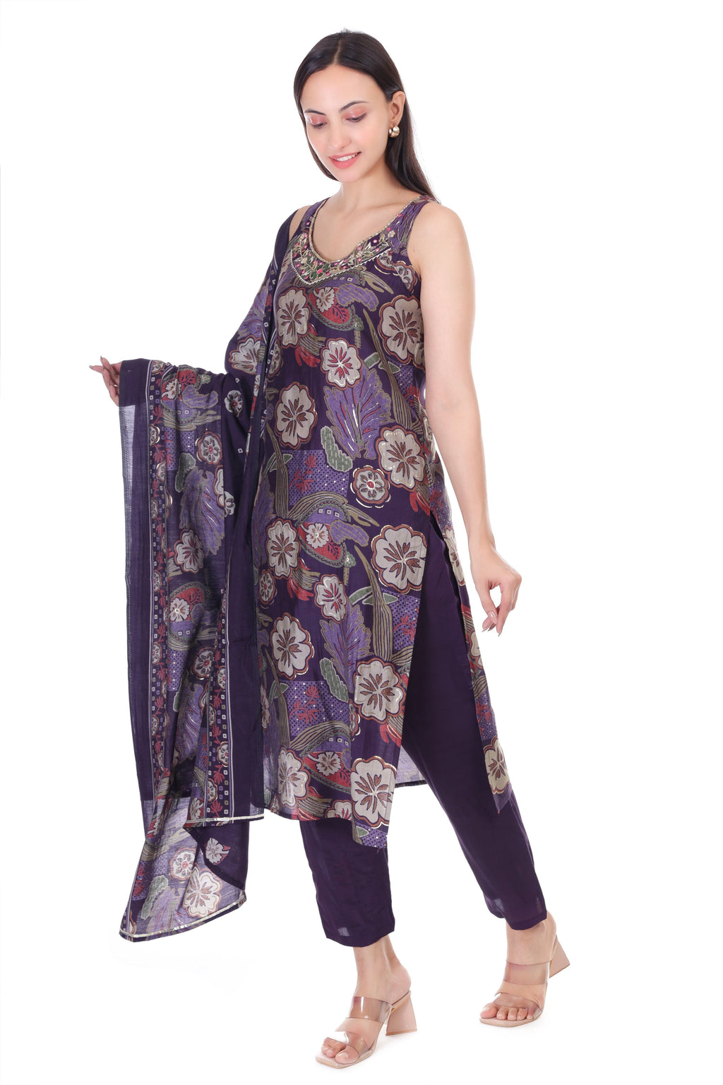 Jaitra Apparels Purple Embroidered Muslin Fabric Kurta Set With Dupatta - Distacart