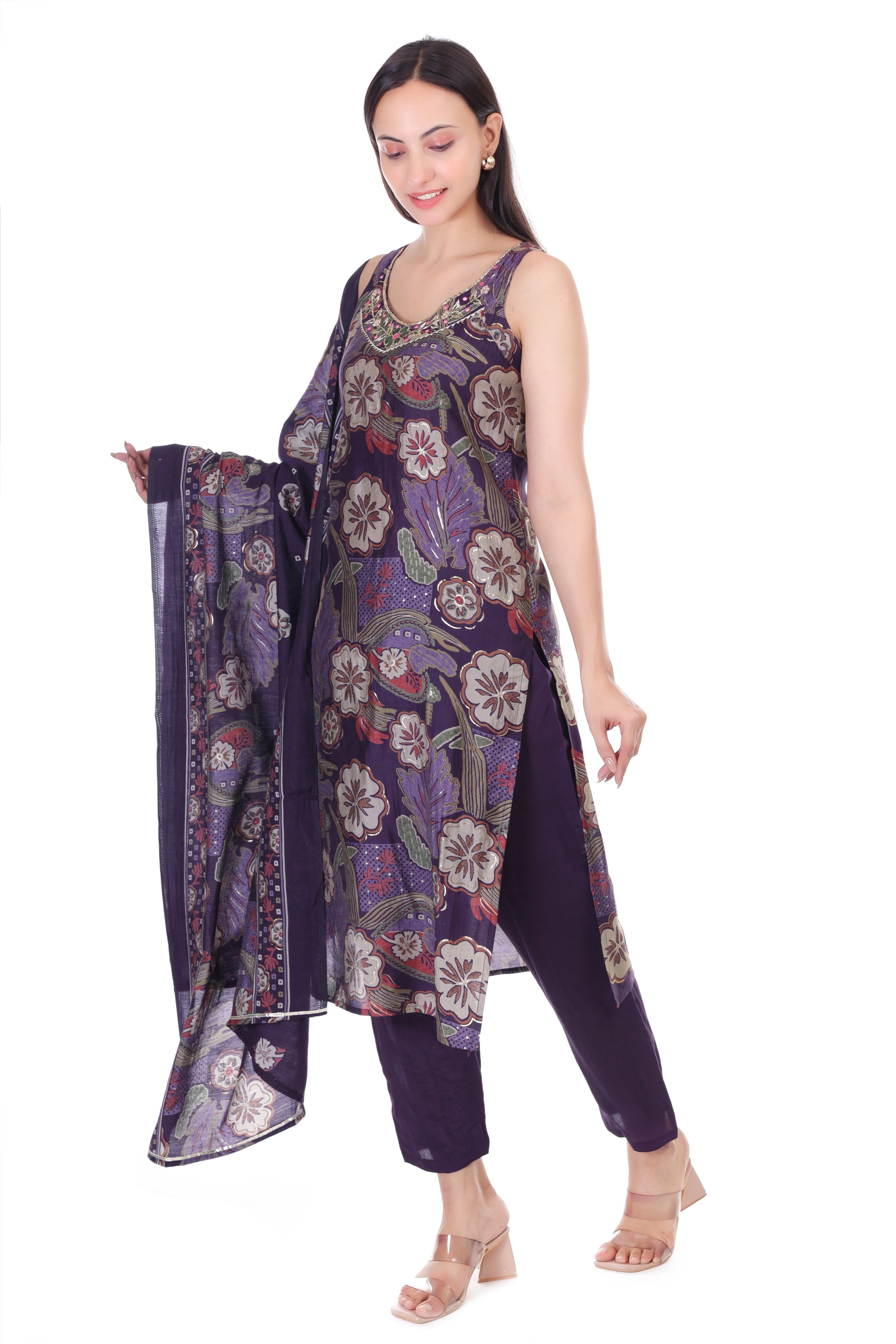 Jaitra Apparels Purple Embroidered Muslin Fabric Kurta Set With Dupatta - Distacart