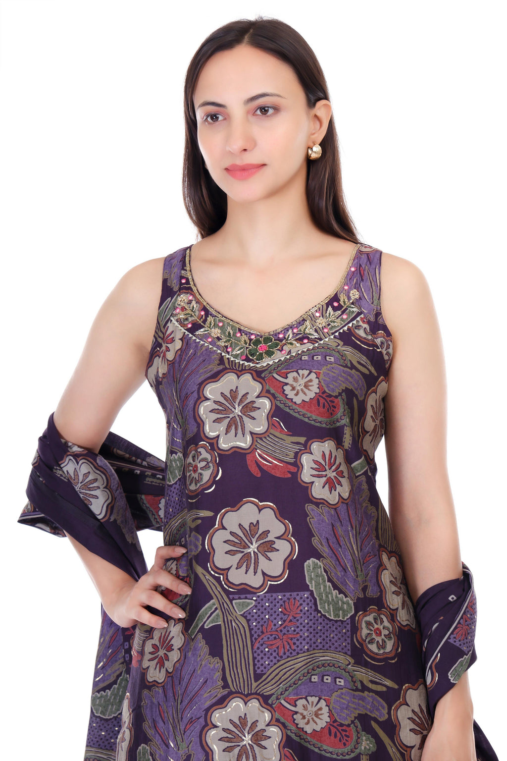 Jaitra Apparels Purple Embroidered Muslin Fabric Kurta Set With Dupatta - Distacart