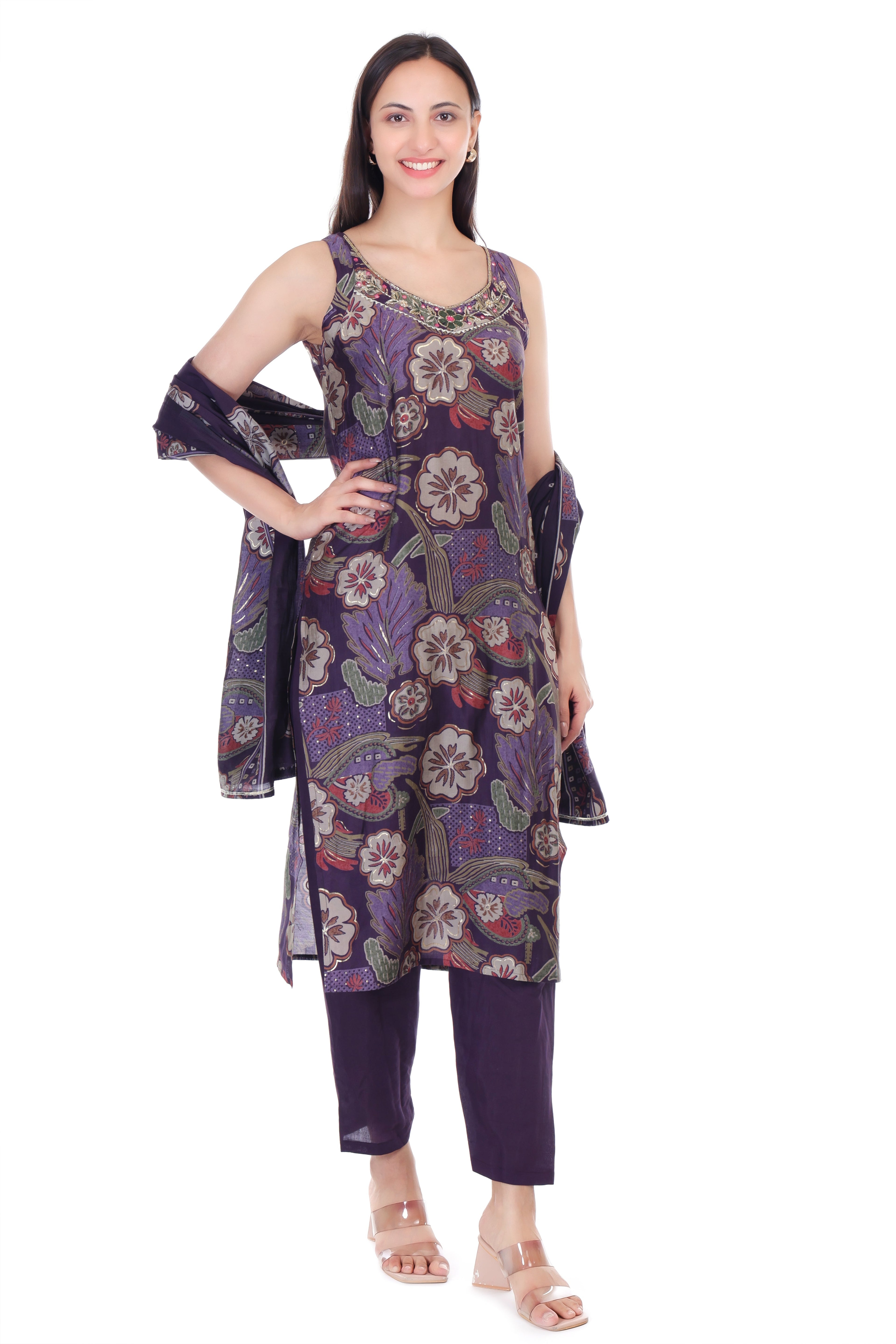 Jaitra Apparels Purple Embroidered Muslin Fabric Kurta Set With Dupatta - Distacart