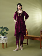 Myshka Women's Magenta Velvet Kurta Pant With Dupatta Set