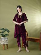 Myshka Women's Magenta Velvet Kurta Pant With Dupatta Set