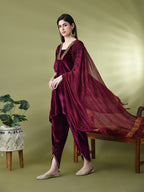 Myshka Women's Magenta Velvet Kurta Pant With Dupatta Set