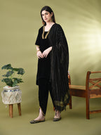 Myshka Women's Black Velvet Kurta Pant With Dupatta Set