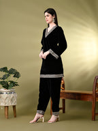 Myshka Women's Black Velvet Kurta Pant With Dupatta Set