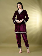 Myshka Women's Magenta Velvet Kurta Pant With Dupatta Set
