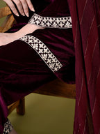 Myshka Women's Magenta Velvet Kurta Pant With Dupatta Set