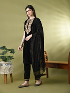 Myshka Women's Black Velvet Kurta Pant With Dupatta Set