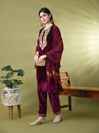 Myshka Women's Magenta Velvet Kurta Pant With Dupatta Set