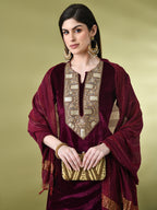 Myshka Women's Magenta Velvet Kurta Pant With Dupatta Set