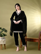 Myshka Women's Black Velvet Kurta Pant With Dupatta Set