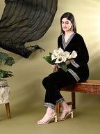 Myshka Women's Black Velvet Kurta Pant With Dupatta Set