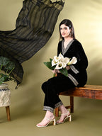 Myshka Women's Black Velvet Kurta Pant With Dupatta Set