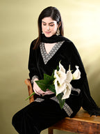 Myshka Women's Black Velvet Kurta Pant With Dupatta Set