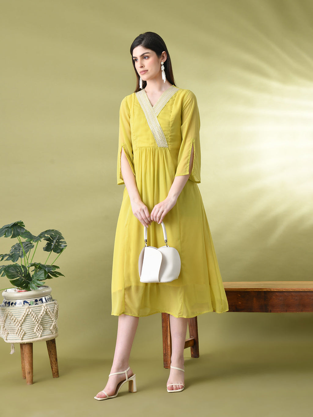 Myshka Women's Green Solid Georgette Dress - Distacart
