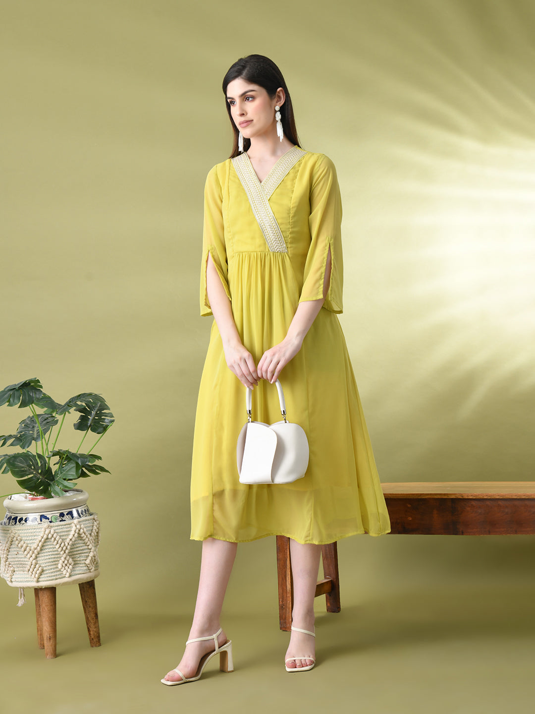 Myshka Women's Green Solid Georgette Dress - Distacart