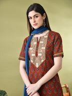 Myshka Women's Cotton Red Printed Kurta Set With Dupatta