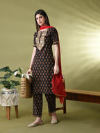 Myshka Women's Cotton Printed Kurta Set With Dupatta