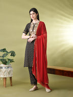 Myshka Women's Cotton Black Printed Kurta Set With Dupatta