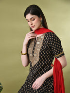 Myshka Women's Cotton Black Printed Kurta Set With Dupatta