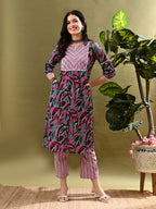 Myshka Women's Cotton Multi Printed Kurta Set With Dupatta
