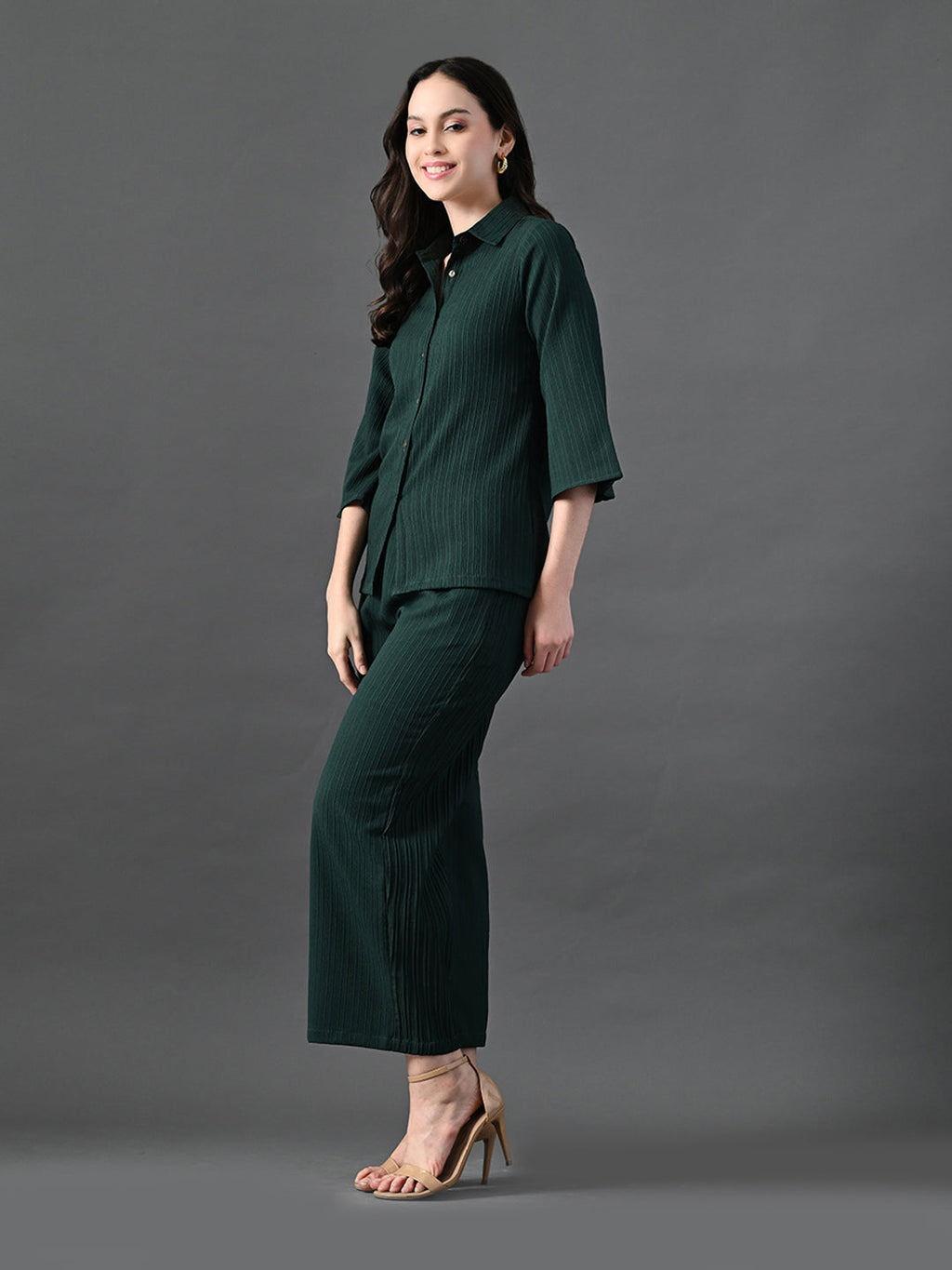 Myshka Women's Green Pleated Co-Ord Set