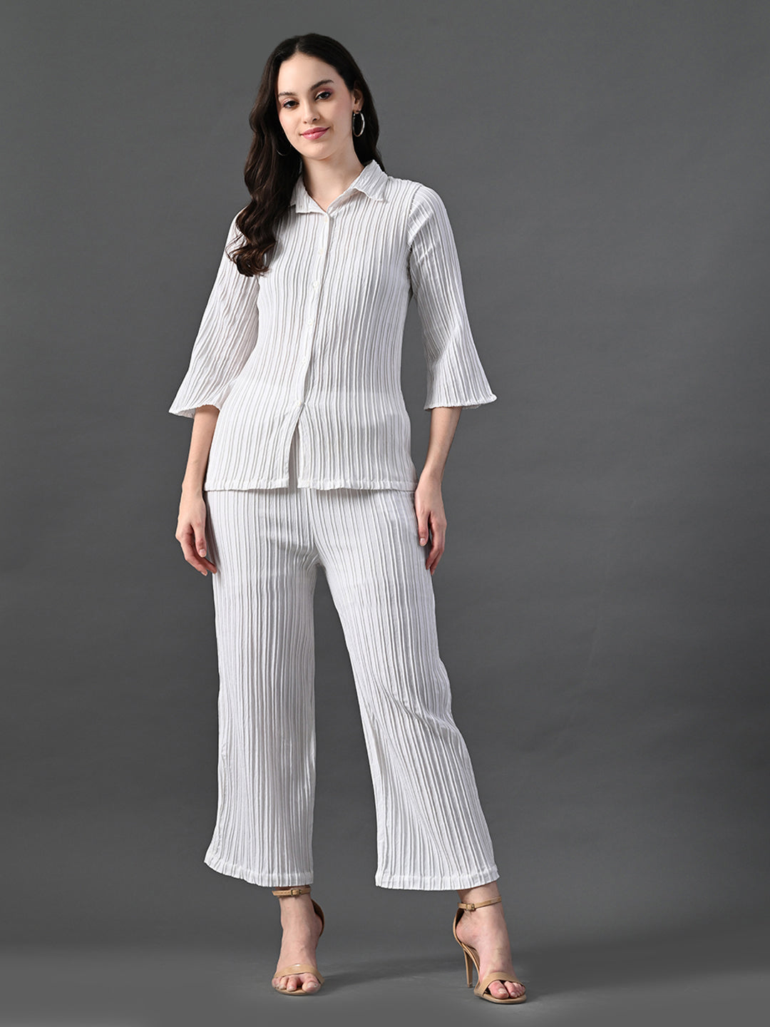 Myshka Women's White Pleated Co-Ord Set