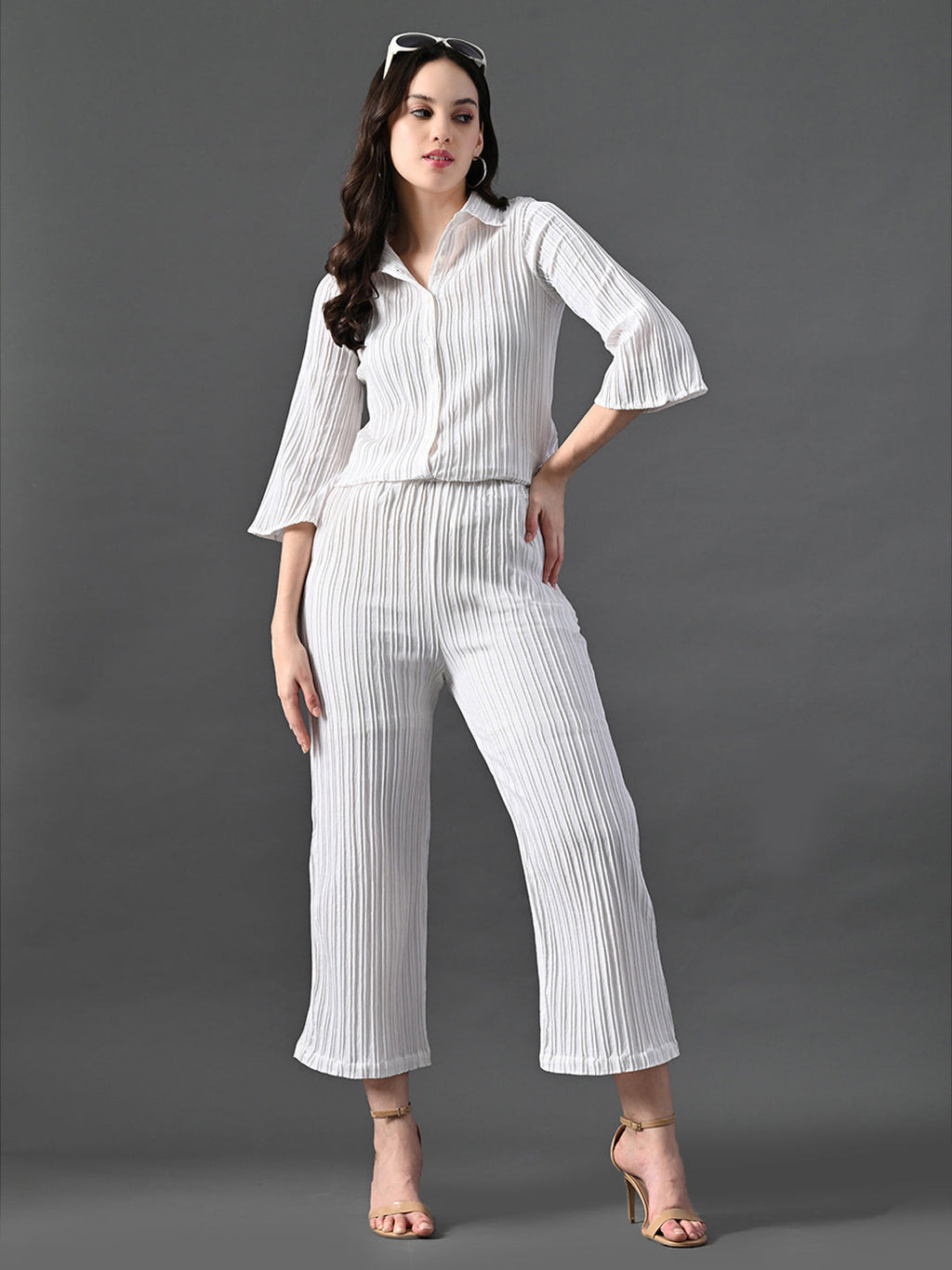Myshka Women's White Pleated Co-Ord Set