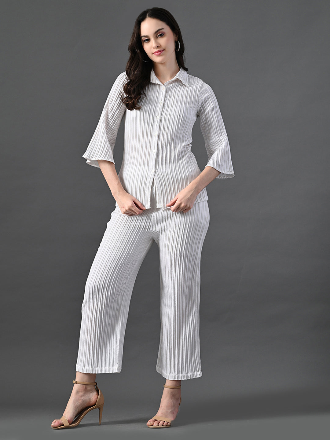 Myshka Women's White Pleated Co-Ord Set