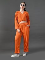 Myshka Women's Vibrant Orange Ribbed Cord Set