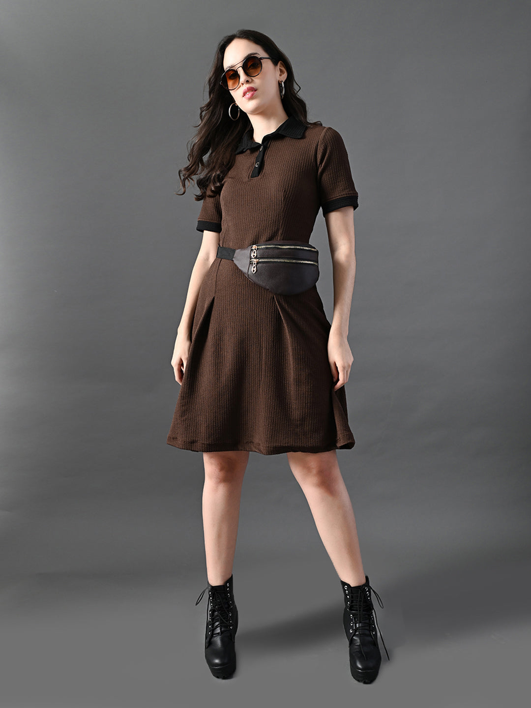 Myshka Women's Coffe Brown Collared Dress - Distacart
