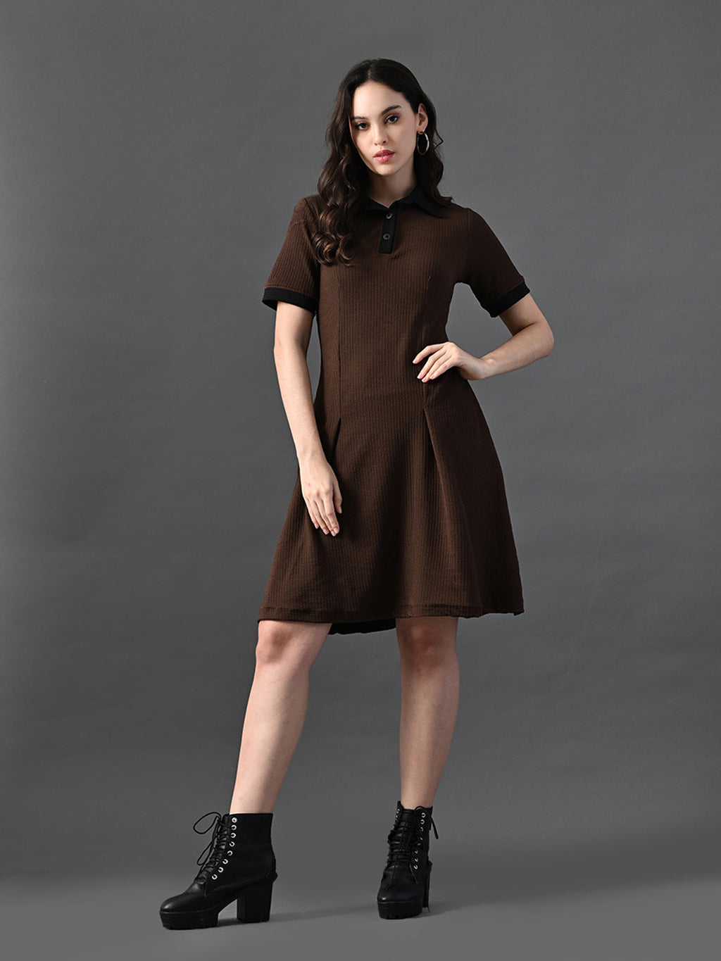 Myshka Women's Coffe Brown Collared Dress - Distacart