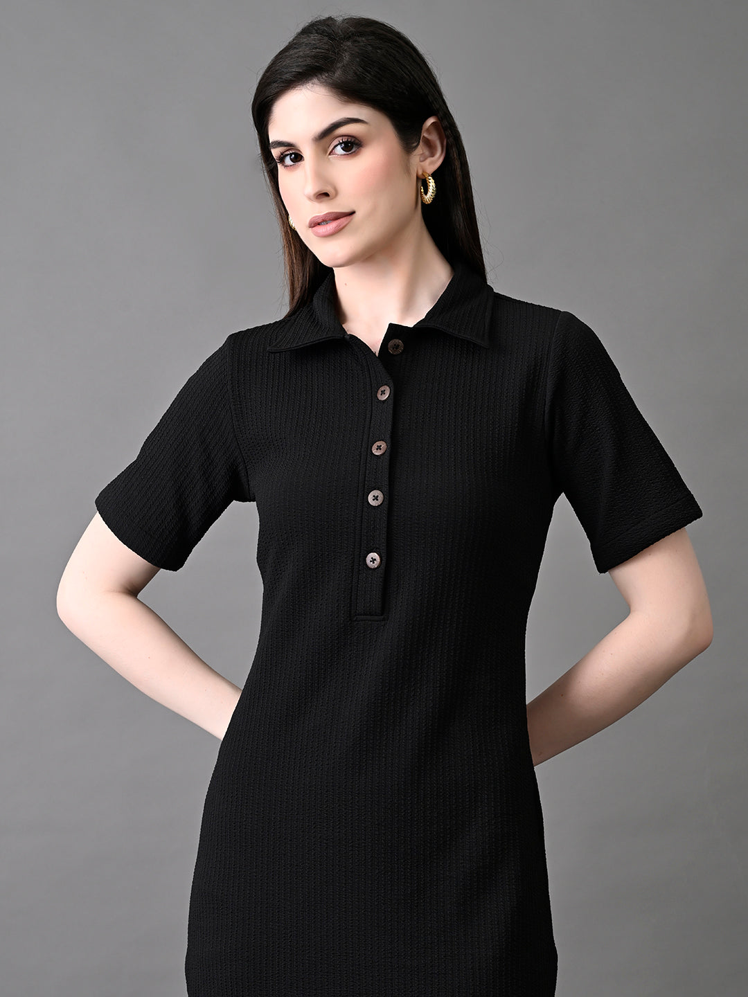 Myshka Women's Elegant Black Midi Dress With Collared Neckline - Distacart