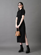Myshka Women's Elegant Black Midi Dress With Collared Neckline - Distacart