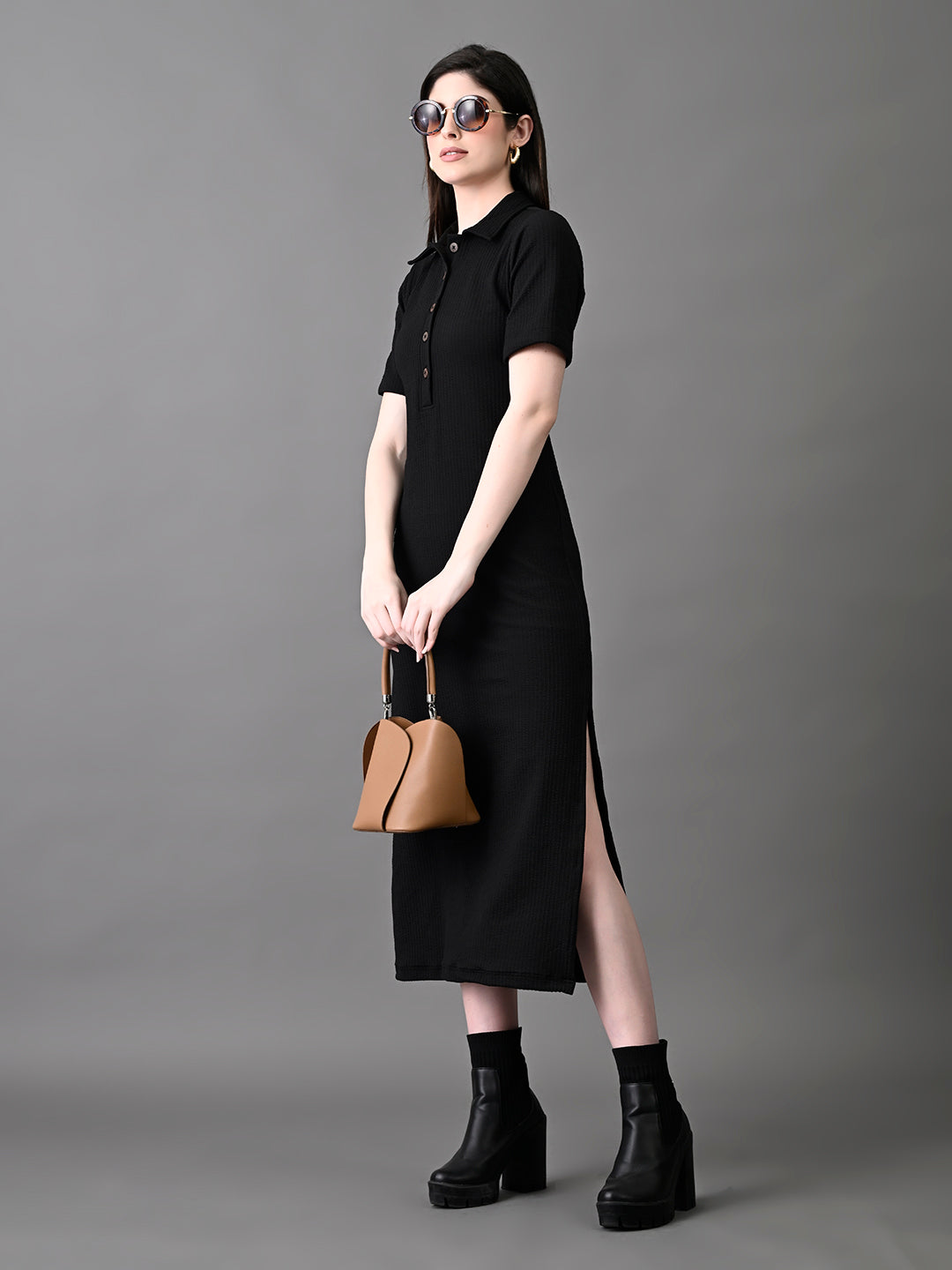 Myshka Women's Elegant Black Midi Dress With Collared Neckline - Distacart