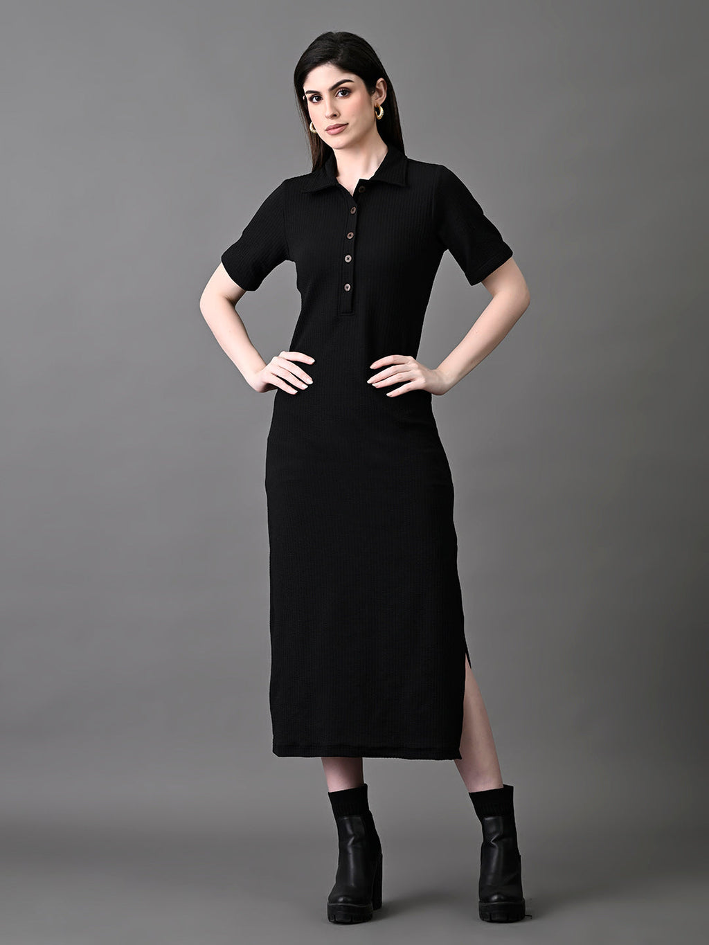 Myshka Women's Elegant Black Midi Dress With Collared Neckline - Distacart