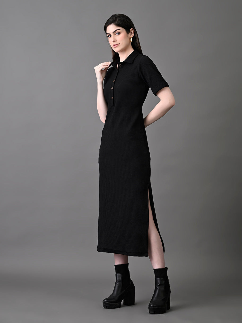 Myshka Women's Elegant Black Midi Dress With Collared Neckline - Distacart